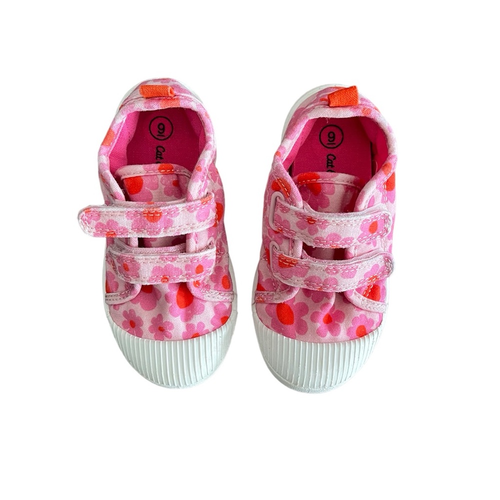 Cat & Jack Pink Floral Flowers Shoes Sneakers Velcro Straps Easy Wear Footwear